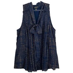 Mcginn Pleated Buttoned Tie Bow Front Sheer Lined Top Navy Blue Brown Size 4